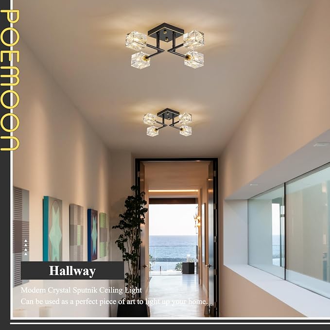 Black Gold Sputnik Chandeliers Industrial 18" Crystal Semi Flush Mount Ceiling Light Fixture 4-Light Modern Chandelier for Hallway Entryway Kitchen Bedroom Dining Room - Image 3