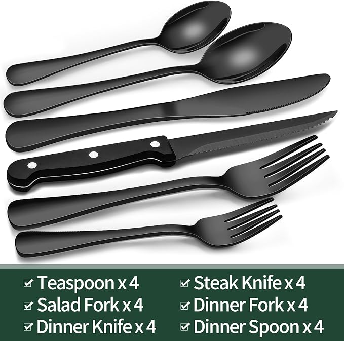 EWFEN 24-Piece Black Silverware Set with Steak Knives, Black Flatware Set for 4, Food-Grade Stainless Steel Tableware Cutlery Set, Mirror Finished Utensil Sets for Home Restaurant, Round Edge - Image 2
