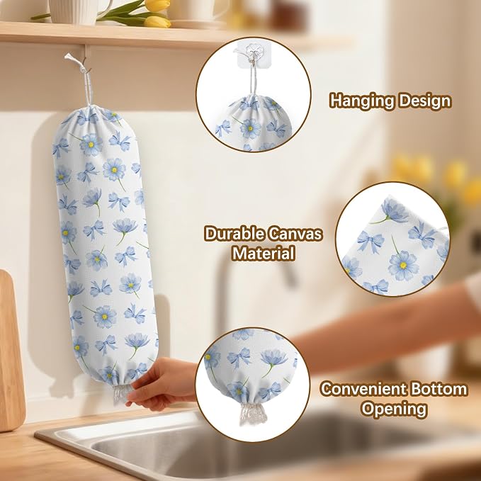 Plastic Bag Holder Dispenser, Plastic Grocery Bag Organizer & Wall Mount Paper Trash Bags Saver Storage for Kitchen Home Pantry Decor - Blue Floral Shopping Bags Storage Dispenser - Image 3