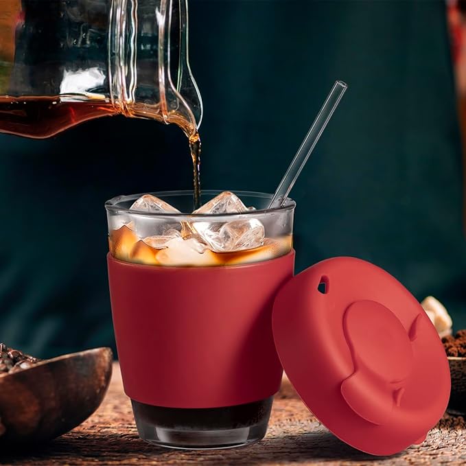 Glass To Go Coffee Cups with Lids Iced, Travel Coffee Mugs Glass Leak Proof, Travel Coffee Tumbler with Silicone Sleeve Reusable for Women
