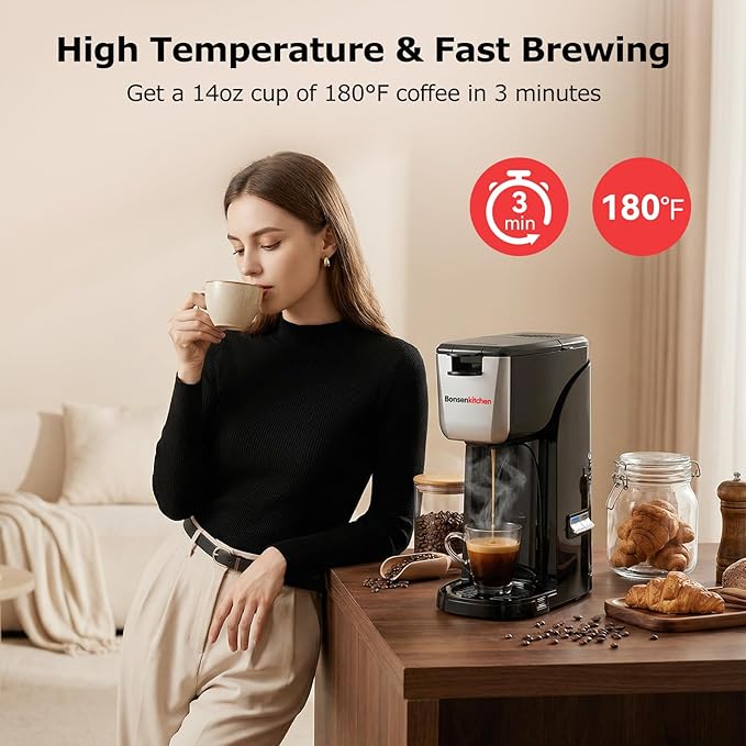Bonsenkitchen Single Serve Coffee Maker, 6-14 oz Brew Sizes, Brewing | Travel Mugs Friendly, Compact Portable Coffee Machine for Small Spaces, Ideal for Kitchen - Image 4