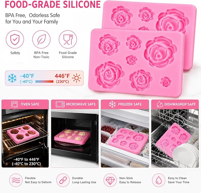 2 Pack Rose Flower Silicone Molds, Food Grade Non-Stick Molds for Cake Chocolate Mousse Jelly Fondant Sugarcraft Wedding Party Baking - Image 2