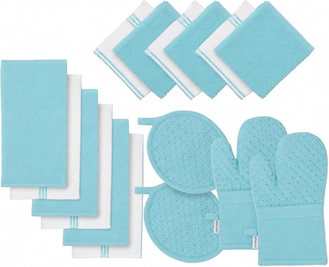 Lane Linen 16Pc Kitchen Towel Set - Heat Resistant Oven Mitts & Pot Holders, Reusable Dish Cloths, Absorbent Hand Towels - Aqua by LaneLinen