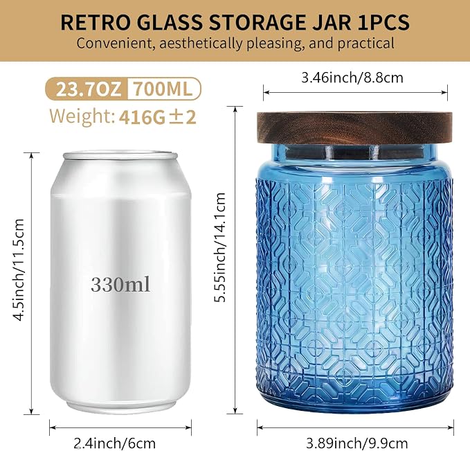 1Pc 24oz Window Style Vintage Glass Candy Jar with Solid Wood Lid, Kitchen Storage Canister for Sugar, Coffee, Tea, Cookies, Bath Salt - Decorative Mason Jar (1, Blue, 24oz) - Image 2