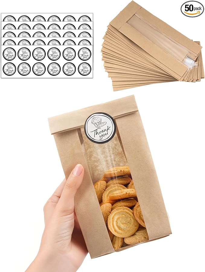Bake Choice 50 PCS Small Cookie Bags with Seal, 3.5"x 2.3"x7.5 Treat Bags | Kraft Brown Paper Bags with Stickers, Bakery Bag for Snack, Cupcake, Coffee Bean, Party Favor, Cookie Packaging by BakeChoice