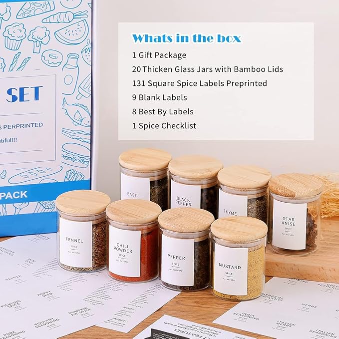Glass Spice Jars with Bamboo Lids - 20 Pcs Thicken(2.4mm) 4oz Airtight Seasoning Containers with 131 Waterproof Minimalist Spice labels Preprinted - Small herb Jars for Pantry Organization and Storage - Image 3