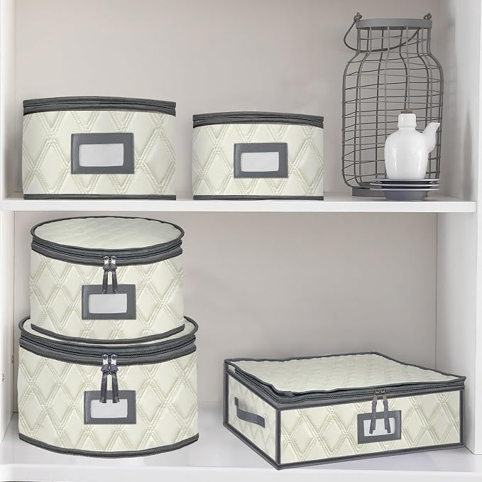 5 Pack China Storage Containers Set (Beige) - Sturdy Quilted Wine Glass & Dish Storage with Dividers - Compact Size - Image 7