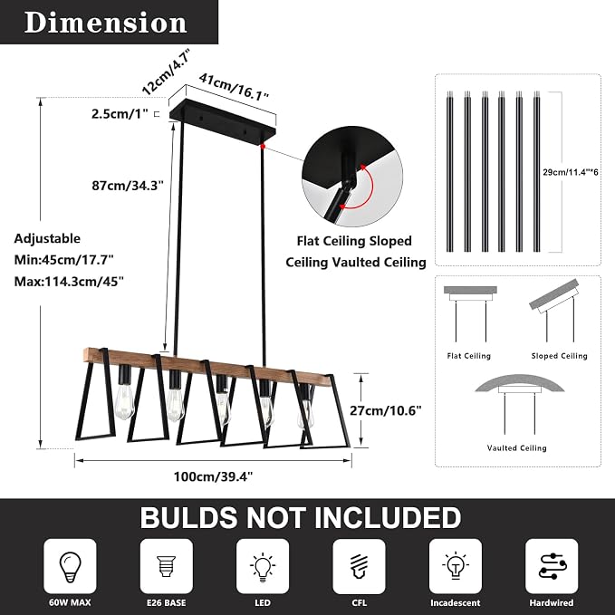 Rustic Wood Chandeliers Farmhouse 5 Light Dining Room Light Fixtures Mid Century Modern Black Linear Chandelier Industrial Kitchen Island Rectangle Pendant Light - Image 2