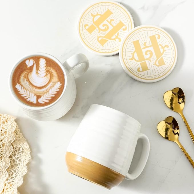 HASENSE Ceramic Couple Coffee Mug Gift Set, 20oz Mugs Set of 2 with Glaze Coasters & Gold Spoons |Unique Engagement, Bridal Shower, Wedding & Housewarming Gift for Newly Engaged, Bride and Groom White - Image 7