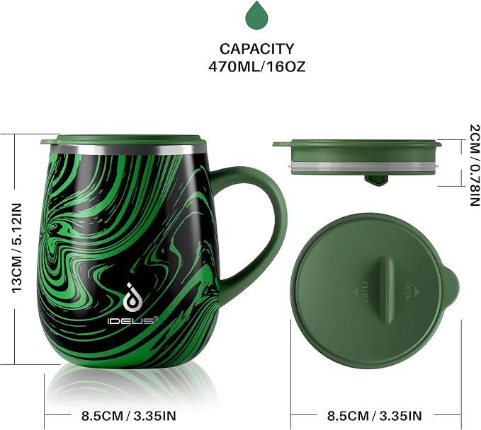 Ideus 16 oz (470 ml) Insulated Coffee Mug with Handle and Lid, Double Wall Stainless Steel Vacuum Thermal Coffee Mug, Travel Coffee Cup Thermal Cup for Home and Office (Green Zebra) - Image 5