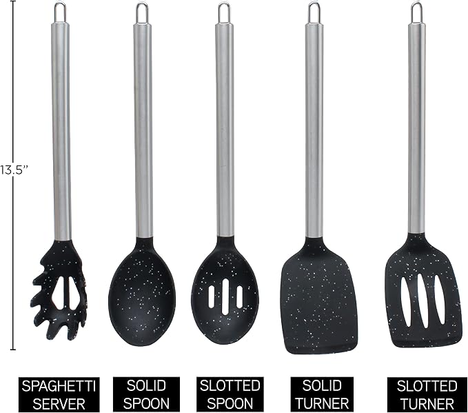 COOK WITH COLOR Silicone Cooking Utensils, Kitchen Utensil Set, Easy to Clean Silicone Kitchen Utensils, Cooking Utensils for Nonstick Cookware, Kitchen Gadgets Set, 5 Pieces, Speckled Black - Image 5