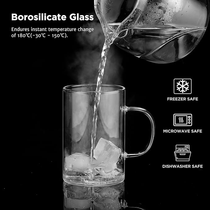 ecooe 16oz Borosilicate Glass Coffee Mugs Set of 4, Large Glass Mug Set with Handles & Spoon, Clear Glasses Coffee Cups for Hot/Cold Tea, Cappuccino, Latte, Juice, Drinking Glasses