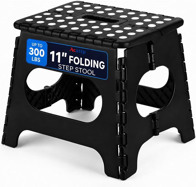 ACSTEP 11 Inch Folding Step Stool for Kids, Non-Slip Foldable Stools, Black | Heavy Duty Collapsible Foot Stool, Lightweight with Built-in Handle, Holds 300 lb for Adults Kitchen Bathroom Bedroom Outdoor by ACSTEP