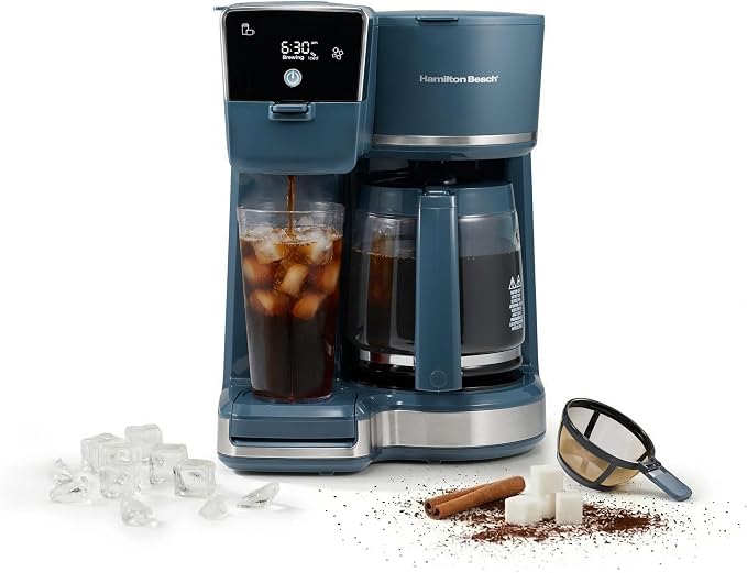 Hamilton Beach 2-Way Drip Coffee Maker & Single Serve Coffee Machine | Hot & Iced Coffee Maker| 12 Cup Glass Carafe| AquaFlow Showerhead | Auto Pause & Pour | Kitchen Makeover Blue |47502J by HamiltonBeach