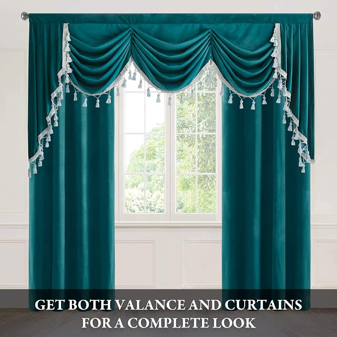 Teal Waterfall Velvet Valance Curtains W79 inches, 1 Panel | Classic Vintage Waterfall Swag Curtains for Bedroom, Room Darkening Thermal Insulated Drapes for Theater, Living Room - Image 2