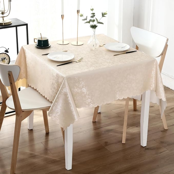 Smiry Square Waterproof Heavy Duty Vinyl Tablecloths, 60 x 60 Inch | Wipeable Washable Floral Embossed Table Cover for Kitchen and Dining Room, Indoor & Outdoor Use, Beige - Image 7