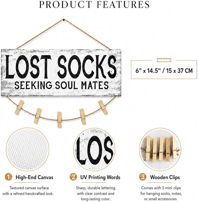 Laundry Sign Wall Decor, Lost Socks Laundry Sign, Rustic Sign Wall Art for Washroom, Bathroom Lost Socks Decorative 6"x14.5" - Image 3
