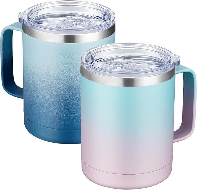 MEWAY 12oz Coffee Mug With Handle 2 Pack Bulk,Stainless Steel Insulated Travel Tumblers With Sliding Lid,Double Wall Vacuum Camping Cup for Hot & Cold Drinks Tea (Bubble Gum&Blue Waves,Set of 2) by MEWAY