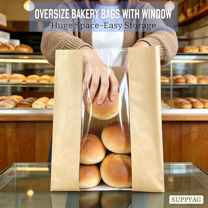 Extra Large Paper Bread Bags for Homemade Bread with Window & Sticker for XL Sourdough Breads, Round Loaf, Baked Goods, Oval Loaves, Brown Kraft - 45 Pcs 16x10x5 Inch - Image 4