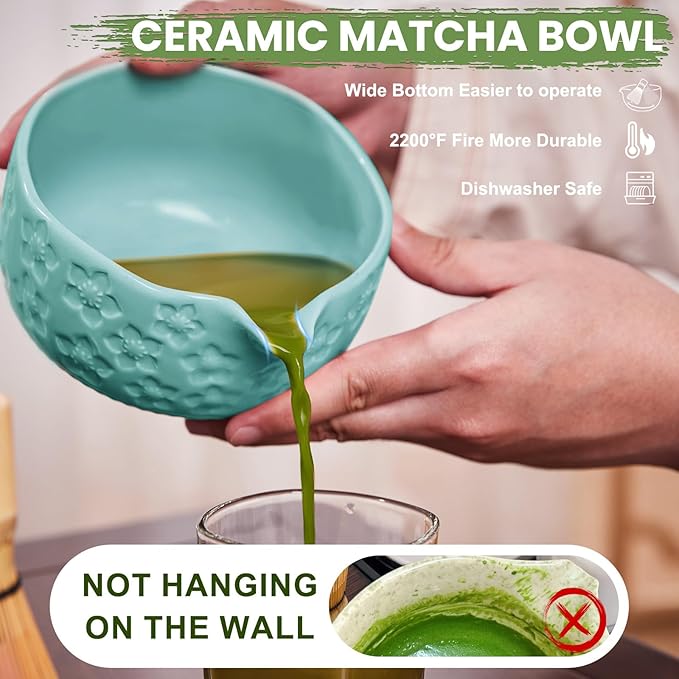 Matcha Whisk Set, Sakura Blue Ceramic Matcha Set Includes Matcha Bowl, Matcha Whisk (Chasen) and Holder, Sifter, Bamboo Scoop & Spoon - 6 Pcs Matcha Kit for Matcha Lovers