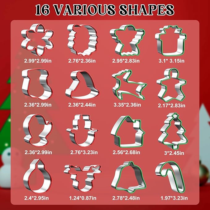 Roberly Christmas Cookie Cutters Set, 16Pcs Stainless Steel Holiday Cookie Molds with Comfort Grip for Baking Xmas Party Supplies Santa Face, Gingerbread Man, Christmas Tree, Bell, Gloves, Socks, etc