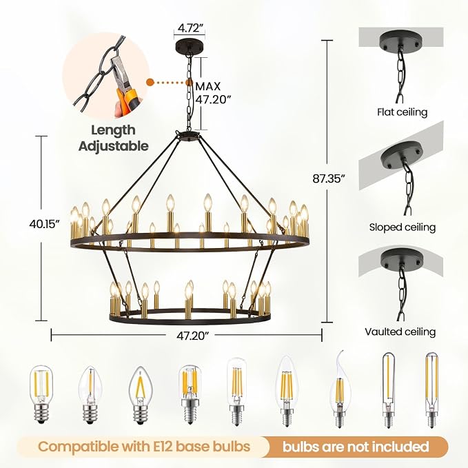 47 Inch Round Black and Gold Chandelier, 2 Tier 36-Lights Farmhouse Wagon Wheel Chandelier, Rustic Dining Room Light Fixtures, Extra Large Foyer Chandeliers for High Ceilings, for Staircase, Entryway - Image 3