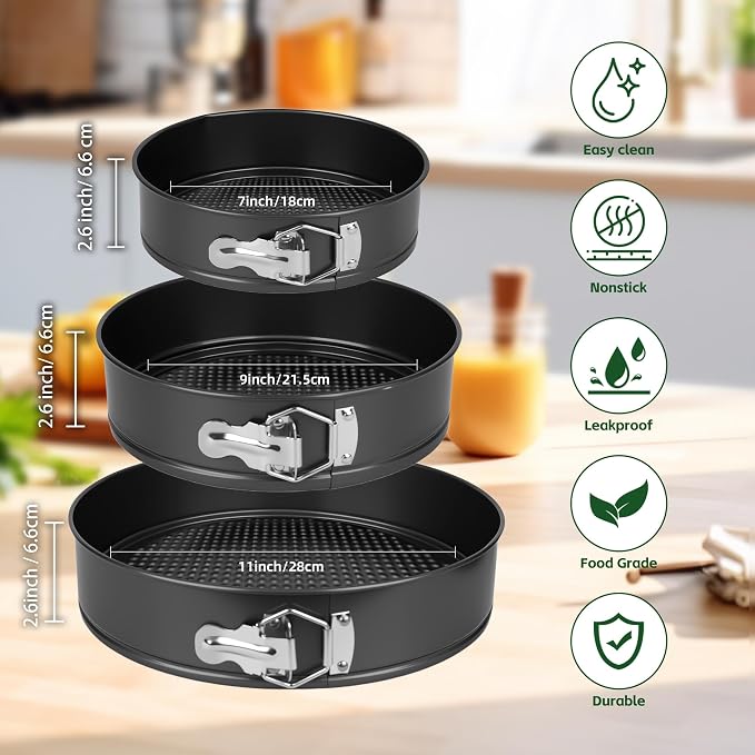 Springform Pan Set of 3 (7"/9"/11") - Non-Stick Cheesecake Pans with Removable Bottom, Round Baking Molds for Cheesecake, Pie, Desserts & More - Baking Bakeware Set - Image 3