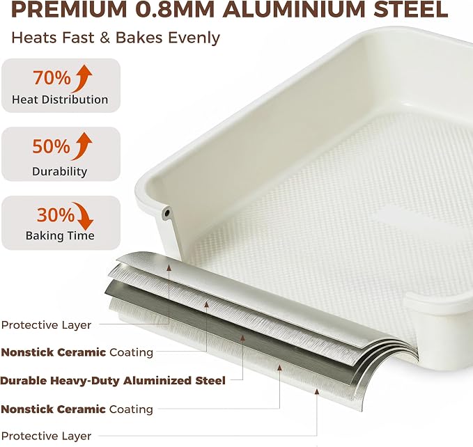 Ceramic 9x9 Baking Pan 2 Pack, Square Cake Pan with Diamond Texture, Aluminized Steel Nonstick Square Baking Pan for Brownies, Cream - Image 7
