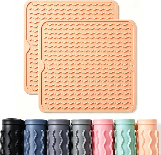 2 Pack Caketime Silicone Dish Drying Mat for Kitchen Counter Waterproof Place mats Sink Protector Stove Top Organizer Cooking Appliance Storage Vanity Trays Dryer Rack Drainers Items 12"x12" Beige by CAKETIME