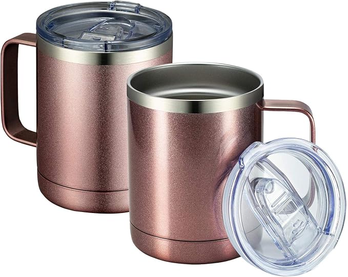 MEWAY 12oz Coffee Mug With Handle 2 Pack Bulk,Stainless Steel Insulated Travel Tumblers With Sliding Lid,Double Wall Vacuum Camping Cup for Hot & Cold Drinks Tea (Rose Gold,Set of 2) by MEWAY