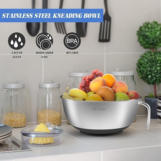 Extra Large Suction Mixing Bowl SUS304 Stainless Steel w/Non-Slip Silicone Suction Cups Base, Egg Beating Bowls with Handle Baking Bowl Tool for Cooking Baking Prepping Food Storage Batter Bowl BLACK