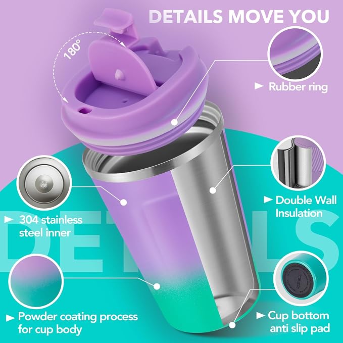 Volhoply 12 oz Double Wall Insulated Vacuum Travel Coffee Mug with Flip Lid,Reusable Stainless Steel Leak Proof Coffee Cup,Portable Iced Cafe Thermal Tumbler for Hot & Cold Drinks(Purple Green,1 Set) - Image 4