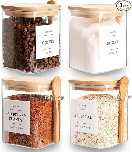 CZZGSM Set of 4 Square Glass Jar with Bamboo Lids and Spoons – Airtight 27 oz Borosilicate Glass Food Storage Contaienrs with 132 Kitchen Pantry Labels for Coffee, Tea, Sugar by CZZGSM