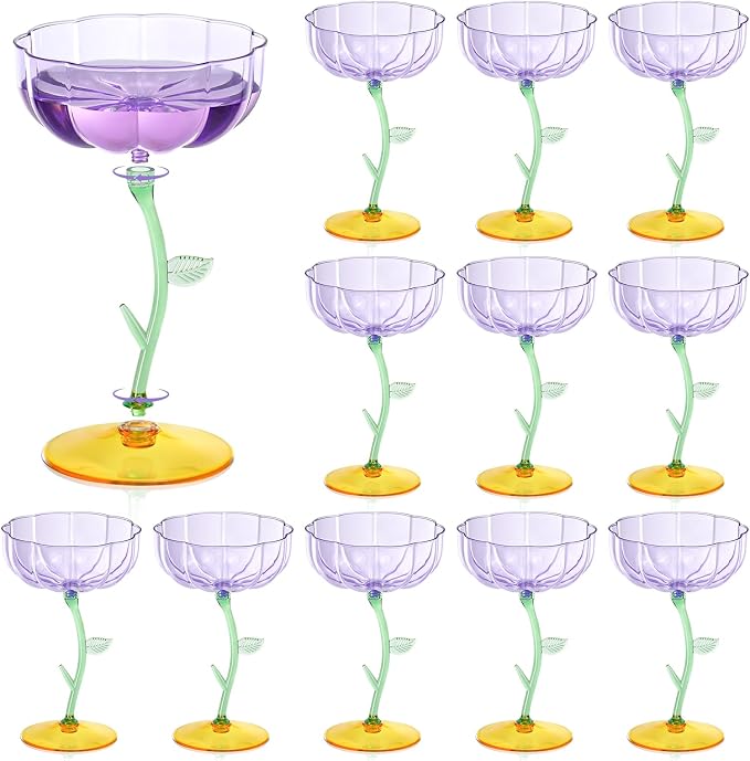 12 Pcs Purple Plastic Ribbed Coupe Glasses Detachable 7oz Flower Cocktail Glasses Modern Wavy Plastic Cocktail Coupes Disposable Martini Glasses Mimosa Glassware champagne goblets (12, Purple) by Unknown