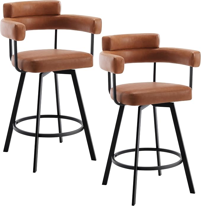 Flouki Swivel Bar Stools with Backs and Arms, Modern Faux Leather Counter Stools Set of 2 for Kitchen Island, 26" Upholstered Counter Height Bar Stools for Kitchen Counter, Dining Room, Brown - Image 8