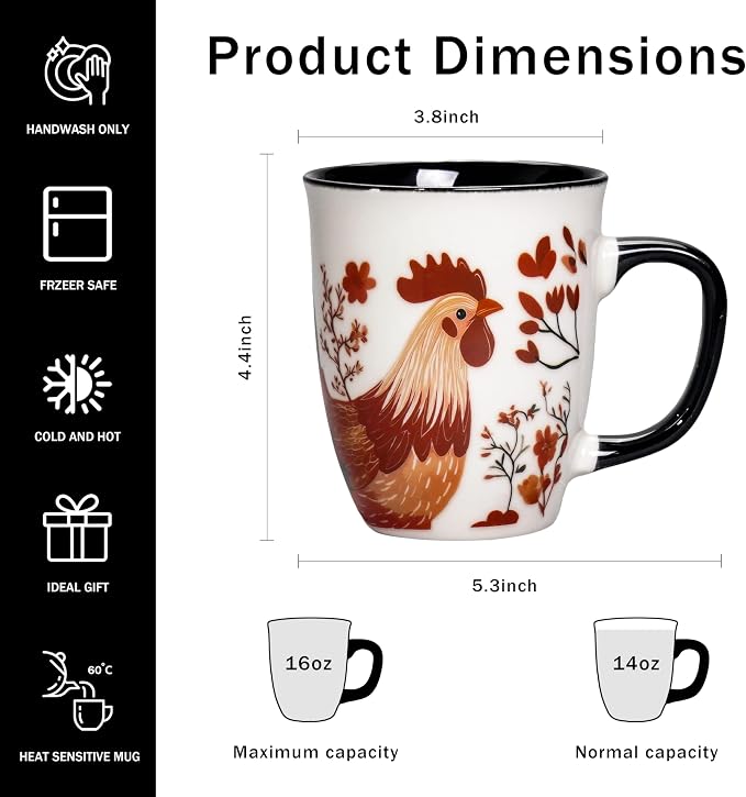 Chicken Mug - 16oz Farmhouse Heat Sensitive Cup, Rooster Tea Mugs for Kitchen, Novelty Coffee Mugs for Women, Chicken Themed Gifts for Christmas - Image 3