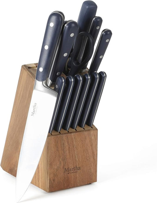 MARTHA STEWART Eastwalk 14 Piece High Carbon Staineless Steel Cutlery Set w/ABS Triple Riveted Forged Handle Acacia Wood Block - Navy Blue by MarthaStewart