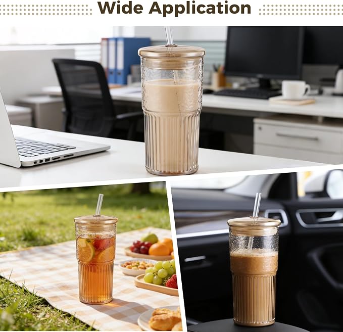2 Pcs Ribbed Glass Tumblers, 22 oz Amber Cups with Lids and Straws, Borosilicate Glassware Set, Reusable Beverage Bottle for Iced Coffee, Smoothies, Water, Hot and Cold Drinks, 7.1 x 2.8 in - Image 4