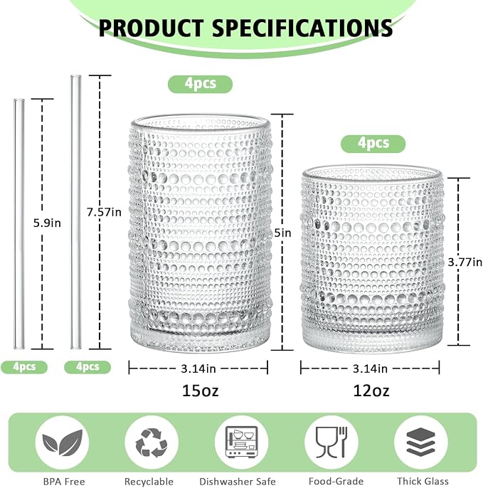 Hobnail Drinking Glasses with Straws, 15 oz & 12 oz Vintage Drinking Glasses Set of 8, Embossed Glasses Drinking Set, Textured Glass Cups for Kitchen, Beer, Juice, Cocktail, Whiskey, Milk - Image 2