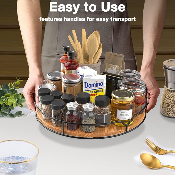 Lazy Susan Turntable Organizer with Anti-Slip Mat for Cabinet Pantry Kitchen Countertop Refrigerator Office, Pine Wood, 13", Carbonized Black - Image 6