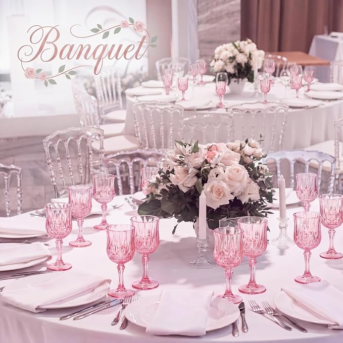 Sliner 96 Pcs 7oz Plastic Vintage Wine Glasses Drinking Goblets Unbreakable Crystal Water Glassware Reusable Diamond Champagne Flutes Cups for Wedding Banquet Birthday Party Supplies (Pink) - Image 2
