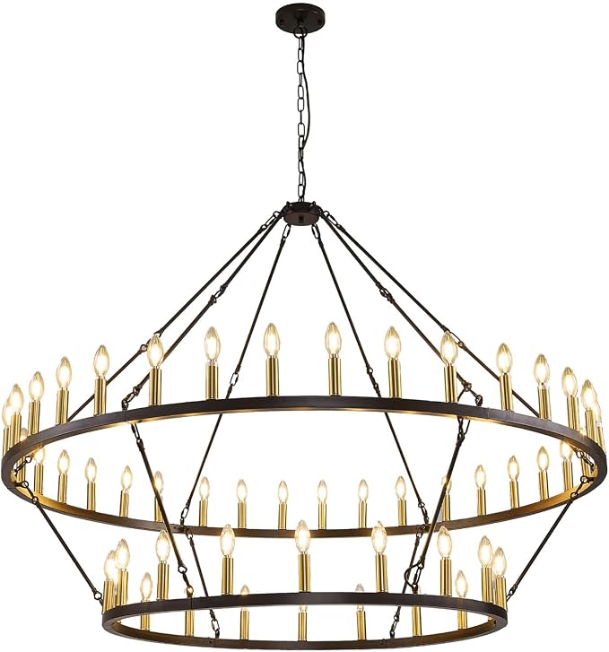 60 Inch Farmhouse Wagon Wheel Chandelier, 2 Tier 54-Lights Round Chandelier for Living Room, Rustic Black and Gold Chandelier, Extra Large Foyer Chandeliers for High Ceilings, for Staircase, Entryway - Image 9