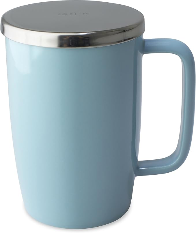 FORLIFE Dew Glossy Finish Brew-In-Mug with Basket Infuser & "Mirror" Stainless Lid 18 oz., Turquoise