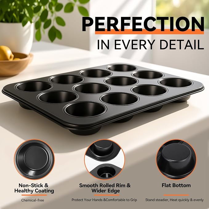 Yoehka 2 Pack Muffin Pan for Baking, Non-stick Cupcake Pan Set, Black | Standard 12-Cups Muffin Tin for Baking Cupcakes, Carbon Steel Baking Supplies - Image 3