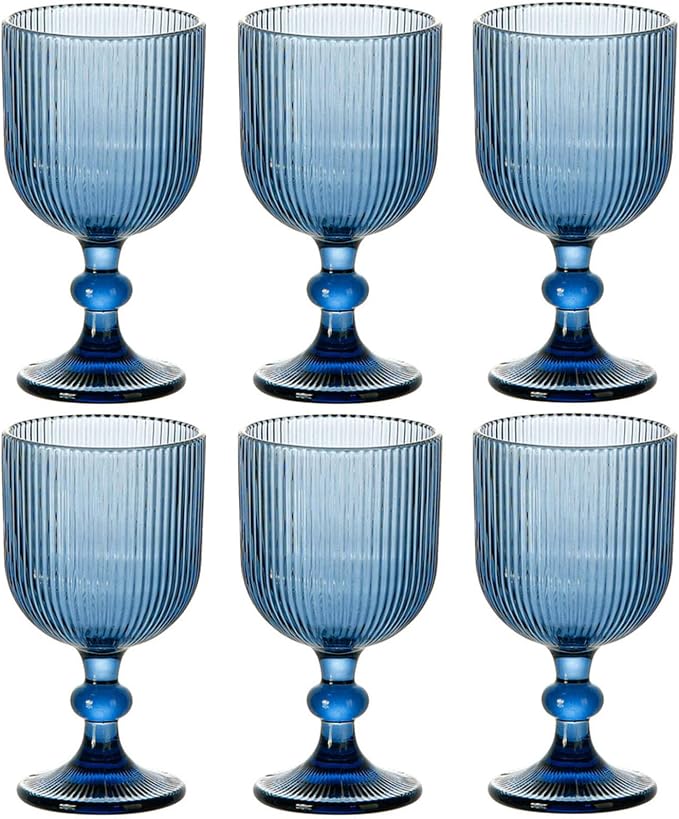 Taganov Blue Glasses Drinking Water Goblets set of 6 Big Vintage Glassware 13oz Colored Wine Glasses for Wedding Party Bar Vertical Line Embossed Pattern Stemmed Cups 400ml by Taganov
