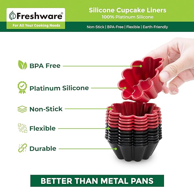 Freshware Cupcake Liners, Pack of 12 Silicone Muffin Cups, 3 Inch Baking Cups, Reusable & Non-stick Cupcake Liners for Party Halloween Christmas, Flower