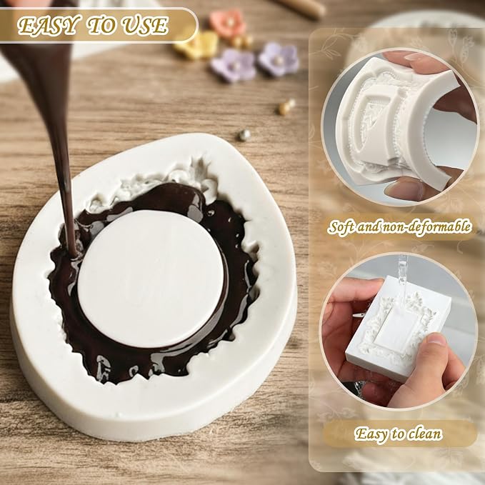 HKNMTT Picture Frame Molds Silicone Baroque Vintage for Fondant Candy Clay Covered Oreo Cake Photo Decorating Cupcake Toppers, 4 Shaped Round Square Frame Moulds Craft DIY Supplies Set - Image 5