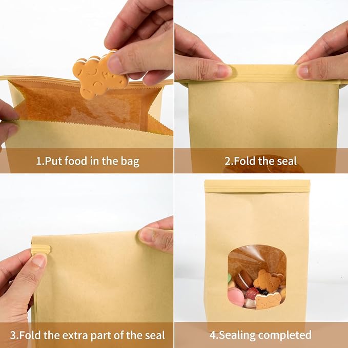 Bakery Bags 9.6x6.1x2.7" Brown With Window - 50 Pieces Kraft Paper Tin Tie Tab Lock for Cookies - Free Stickers Included - Image 3