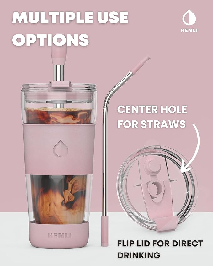 19 oz. Double Wall Glass Coffee Tumbler, To Go Travel Mug with Lid, Portable Glass Thermos with Straw, Reusable Cup, Tea, Smoothies, Ice Coffee, and Boba