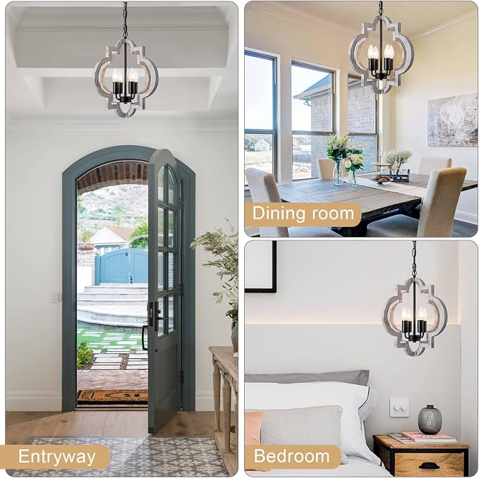 4-Light 15" Farmhouse Orb Chandelier Rustic Handmade Distressed White Wood Hanging Ceiling Pendant Light Fixture Wood Lantern Chandeliers for Dining Room Kitchen Bedroom Foyer Hallway - Image 6